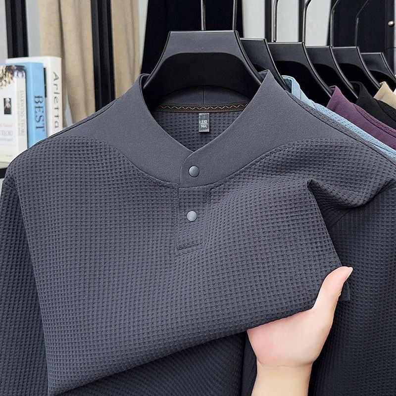 Base Layer Top - เสื้อยืดแขนยาวผ้าถักลายวาฟเฟิลสำหรับผู้ชาย ฤดูใบไม้ร่วง-ฤดูหนาว ทรงหลวม คอกลม สไตล์ลำลอง สีพื้น