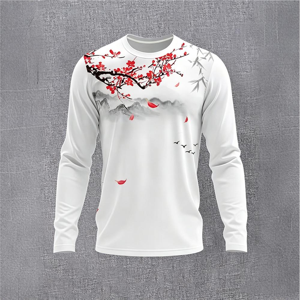 Base Layer Top - เสื้อยืดแขนยาวลายดอกพลัมสไตล์จีนสำหรับผู้ชาย ลายพิมพ์วิวทิวทัศน์สไตล์วินเทจ เสื้อเชิ้ตลำลองแฟชั่นสตรีทแวร์