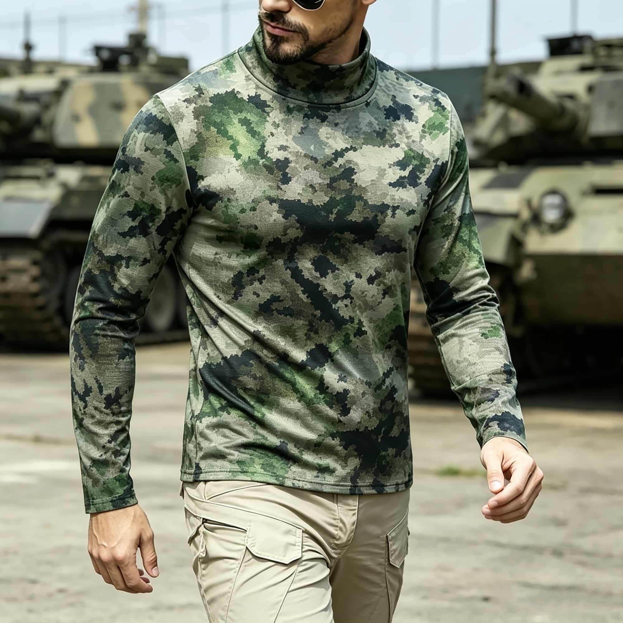 Base Layer Top - เสื้อเชิ้ตแขนยาวคอเต่าลายพรางสำหรับผู้ชาย เนื้อผ้านุ่มยืดหยุ่น เหมาะสำหรับกิจกรรมกลางแจ้ง เดินป่า และฝึกซ้อม