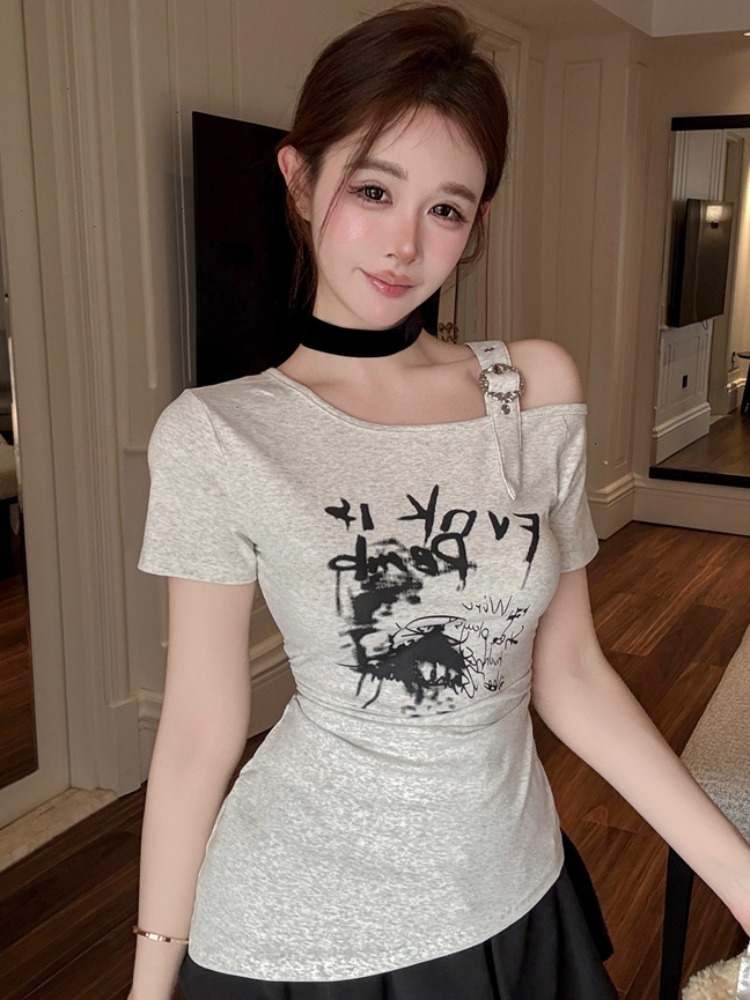 T Shirt Tight Fit - เสื้อยืดแฟชั่นทันสมัย แขนสั้น โชว์ไหล่ ทรงเข้ารูป สำหรับผู้หญิง ดีไซน์ฤดูร้อน